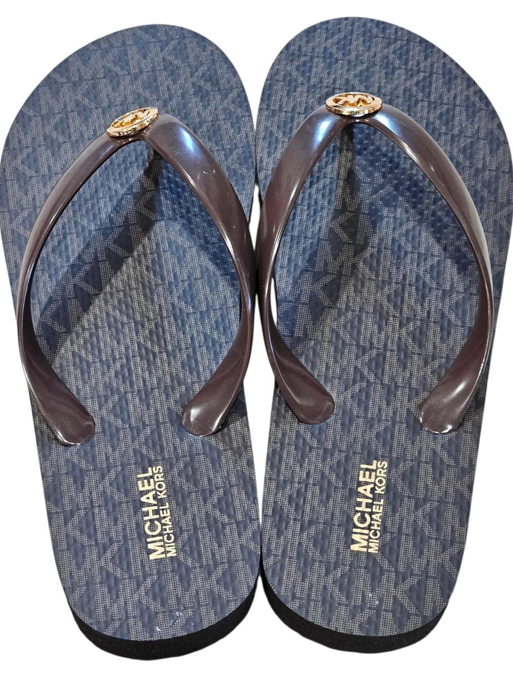 Michael Kors Women's Brown and Gold Logo Flip Flops, Size 7. New Without Tags - Picture 2 of 6